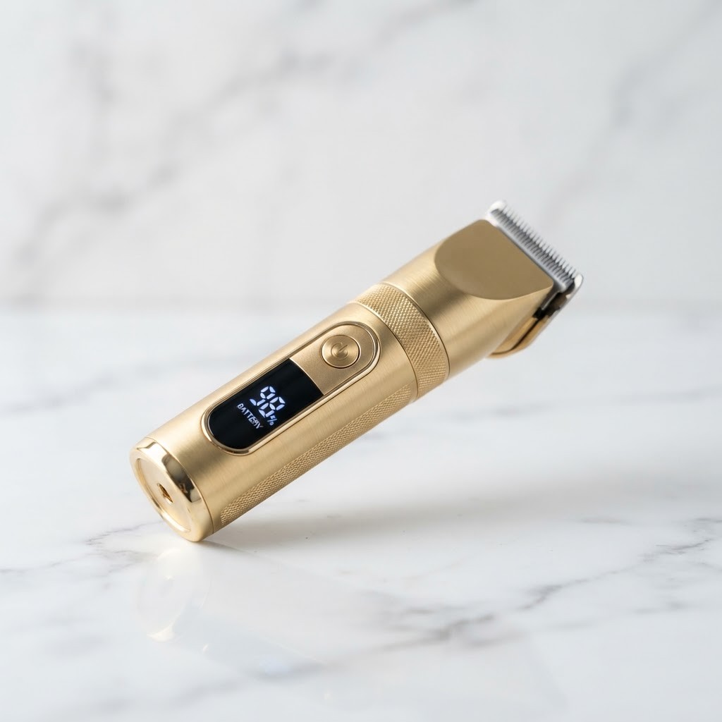 Gold cordless pet hair clipper with LCD battery display — minimalist studio product photo