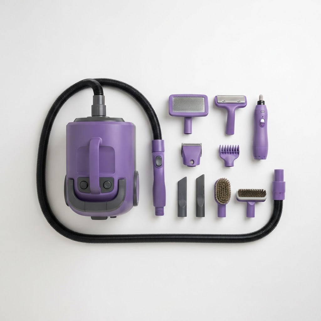 Purple dog grooming vacuum kit with 7 grooming attachments — studio product photo
