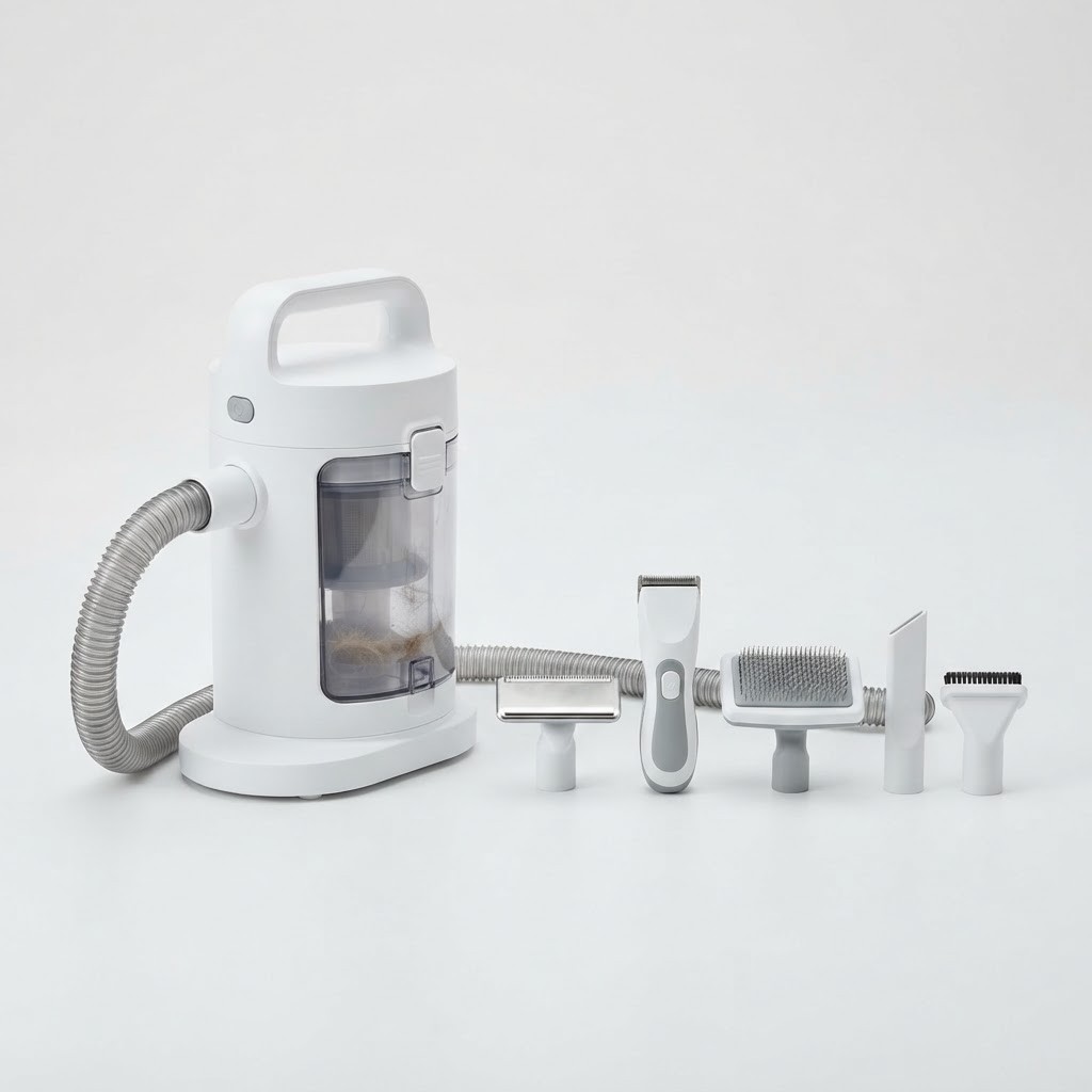 White pet grooming vacuum with 2 litre large dustbin and deshedding brush attachments — studio product photo