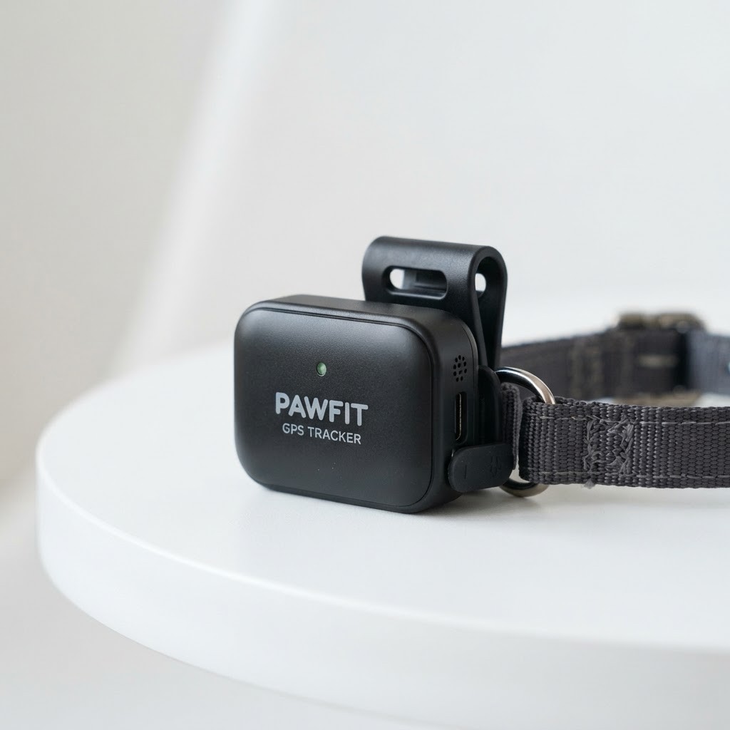 Tractive GPS pet tracker device with collar clip attachment — studio product photo