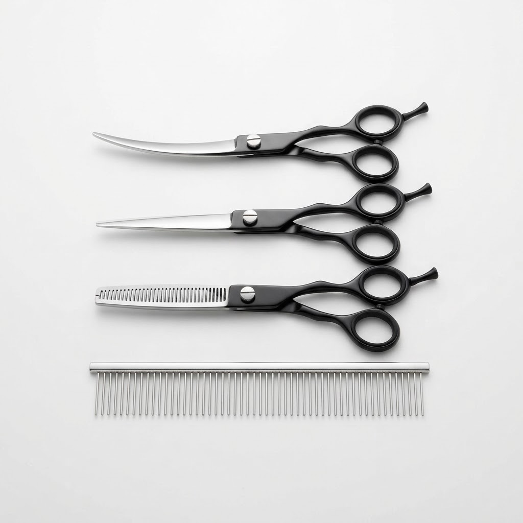 Set of 4 titanium black stainless steel pet grooming scissors with curved shears