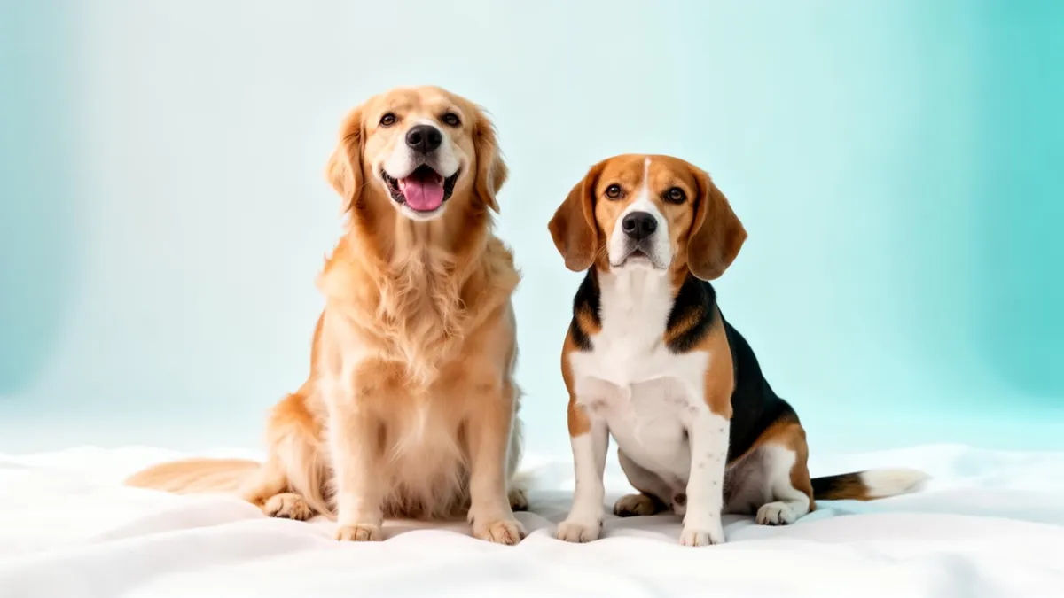 A happy Golden Retriever and Beagle sitting together